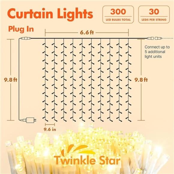 Twinkle Star 300 LED Curtain String Lights, 8 Modes Fairy Hanging Lights - Picture 2 of 14